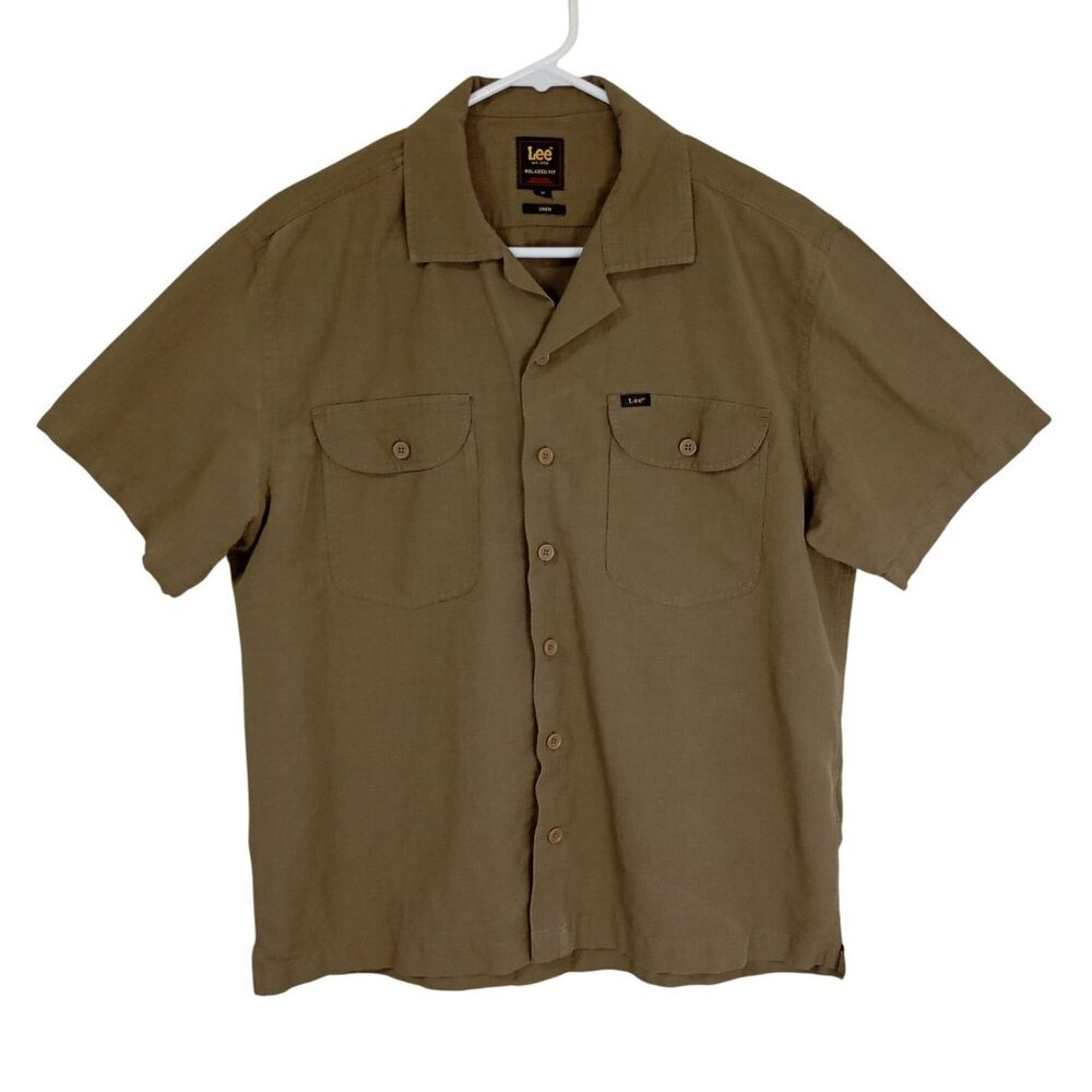 Lee Mens Relaxed Fit Linen Button-Up Shirt Brown Short Sleeve Size M Casual